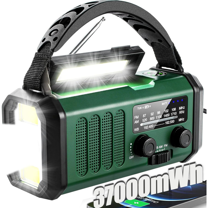 Радіо на ручному приводі з сонячною панеллю та ручкою, 37000 мWh, NOAA AM/FM, з ліхтариком та зарядкою для телефону, для дому та надзвичайних ситуацій