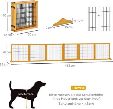 Захисне ґратка для собак PawHut - регульоване, самостійне, дерев'яне, 6 панелей, жовте. Захист від сходів, дверей, проходу. Розміри: 70H x 432B см