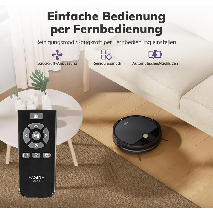 Робот-пилосос безщітковий, самостійно заряджається, з пультом дистанційного керування, тихий, для шерсті тварин та твердих поверхонь, E3