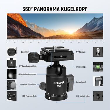 Штатив для камери NEEWER 77' з моноподом, кульковою головкою 360° та Arca QR-пластиною, компактний, легкий, з алюмінію, для подорожей, відеозйомки, максимальне навантаження 6 кг (TP39)