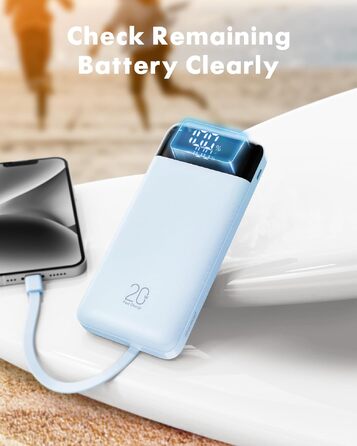 Повербанк Charmast 20000 mAh з 4 вбудованими кабелями, швидка зарядка 22.5W, портативний зовнішній акумулятор для iPhone, Android, iPad (SkyBlue)