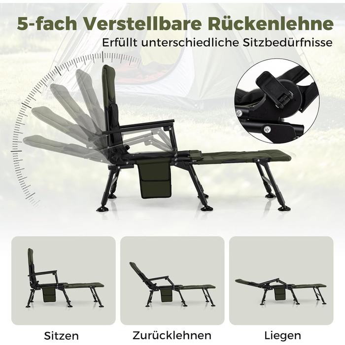 Крісло розкладне Costway Angelstuhl з підставкою для ніг, регульованою спинкою та високою подушкою, для кемпінгу, риболовлі та відпочинку