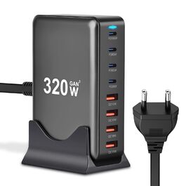 Зарядний пристрій USB C 320W, 8 портів: швидка зарядка USB-A та USB-C, PD PPS 100W для MacBook, iPad, Samsung