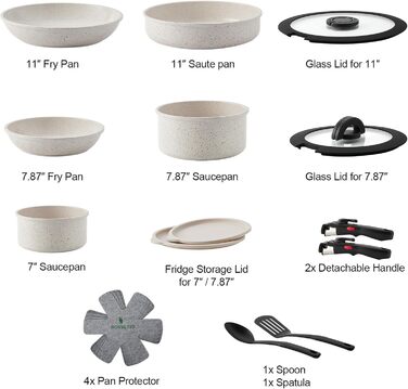 Набір каструль та сковорідок Rossetto 17 предметів з антипригарним покриттям, кераміка, індукційний, для дому та подорожей, знімні ручки, без PFOA та STONE