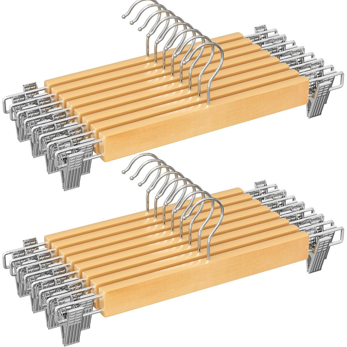 SONGMICS Набір вішалок для штанів з дерева, 16 шт., для штанів, шортів та спідниць, з регульованими кліпсами, антиковзкі, CRW009N16