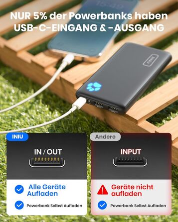 Power Bank INIU 10000mAh, ультратонкий, USB C, 3A, ліхтарик, сумісний з iPhone, Samsung, Huawei, чорний