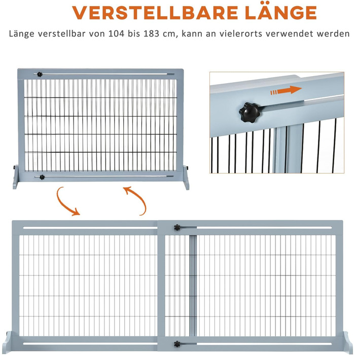 PawHut Wooden Pet Gate - Extendable Dog Barrier with Footrest, Freestanding Baby/Pet Gate, Stairway Gate, Fireplace/Oven Gate, Gray Blue, 104-183 x 36 x 69 cm
