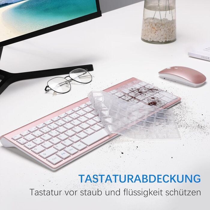 Комплект клавіатури та миші TopMate 2.4G Ultra Slim: тиха клавіатура з перемикачами Schissschalter та миша 2400DPI USB, з чохлом та батарейками AA/AAA, для ПК/ноутбука/Windows/Mac (Рожеве золото, Білий)