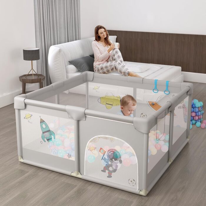 UISEBRT Baby Playpen 127x127cm Playard for Baby with 50 Ocean Balls & 4 Pull Rings & Carry Bag, Foldable Playpen Tent with Breathable Mesh for Kids, Blue with Animal Motifs 127x127x68cm Blue with Animal Motifs