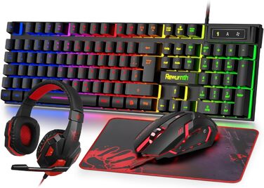 Ігровий набір клавіатури та миші з навушниками, QWERTZ DE розкладка, RGB підсвітка клавіатури, ігрова миша з LED підсвіткою (4 кольори), навушники Over-Ear, велика ігрова килимок, USB провідне підключення для PC, Mac, PS5, Xbox