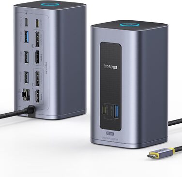 Базаус Док-станція USB-C 12-в-1, сумісна з Dell/HP/Lenovo/Asus/Acer/Mac, 2 монітори 4K HDMI, 10Gbps USB-C/A, 100W PD, Gigabit Ethernet