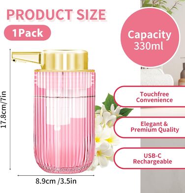 Автоматичний безконтактний диспенсер для мила на 300 мл з рожевого скла, перезаряджуваний, без дотиків, з електричним сенсором, для дому та офісу