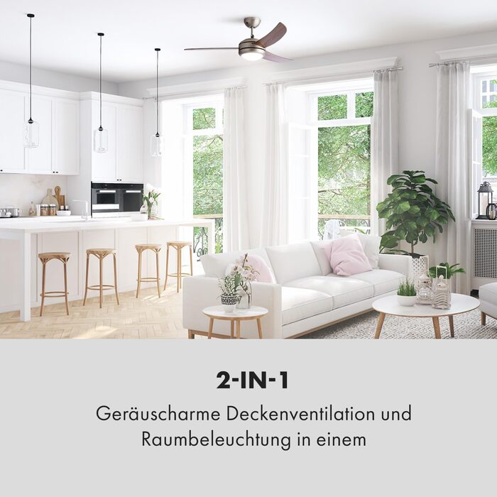 Стеляний вентилятор Klarstein El Paso 2-в-1: вентилятор та світильник, діаметр 52' (132 см), 3 лопаті, продуктивність 10.344 м³/год, 3 швидкості, дизайн темного дуба (Nussbaum)