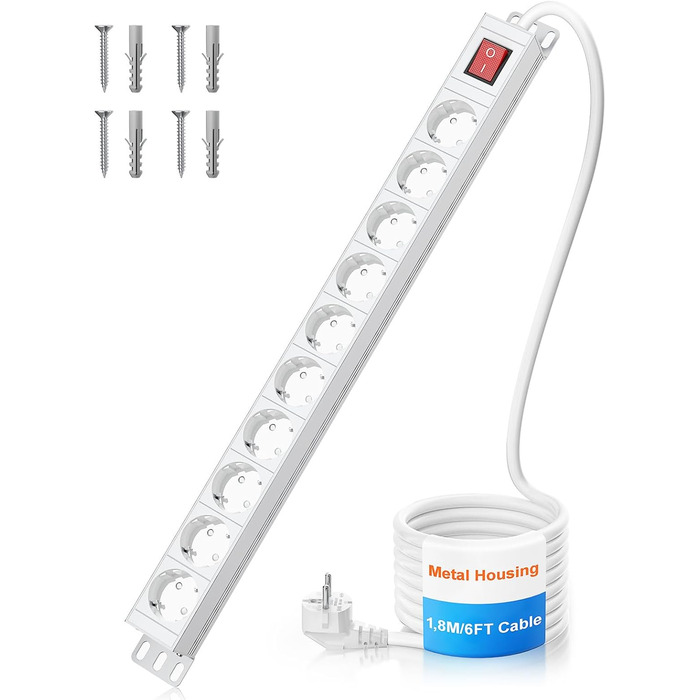 Мережевий фільтр 10 розеток з захистом від перенапруги, з вимикачем та поворотними кріпленнями, металевий корпус (білий)