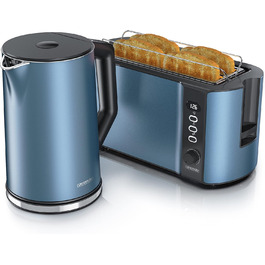 Набір чайник та тостер Arendo SET з нержавіючої сталі, блакитний. Чайник 1,5л, регулювання температури 40-100°C, тостер на 4 тости з LED-дисплеєм, 6 ступенів підсмажування та підставка для бургерів.