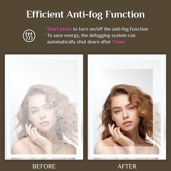 Дзеркало для ванної кімнати Clevich з підсвічуванням 70x50 см, LED, 3 кольори світла, диммування, загартоване скло, захист від вибуху, сенсорне управління, пам'ять, антизапар, 70L x 50B см