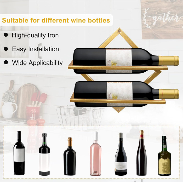 2pcs Metal Wall Mounted Wine Rack Stemware Glass Rack, Foldable Wall Hanging Red Wine Shelf Organizer with 3 Stem Glass Holders, Black Wine Bottle Hanger for Home Kitchen Bar Wall Decor (Gold Aa)