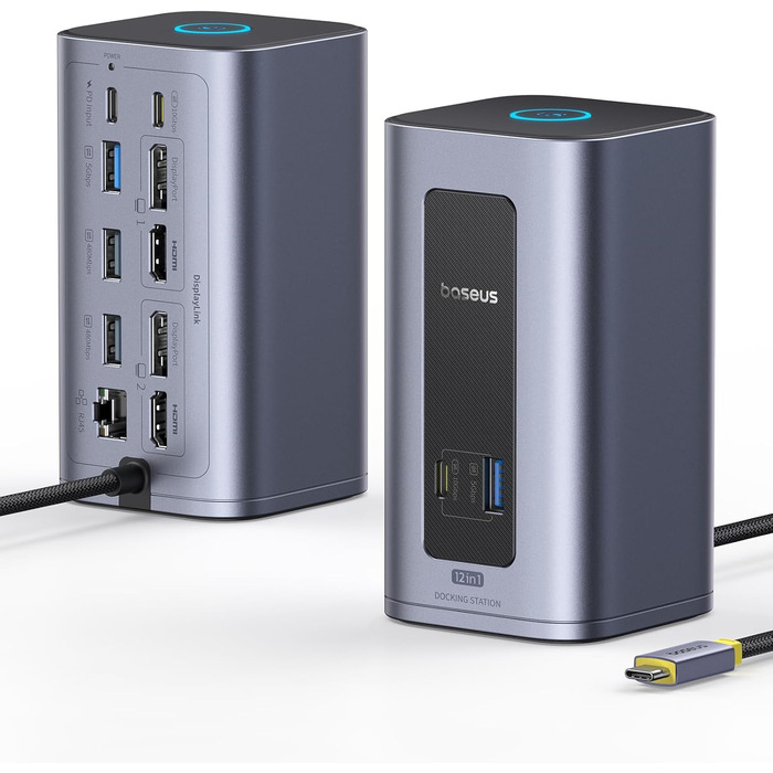 Базаус Док-станція USB-C 12-в-1, сумісна з Dell/HP/Lenovo/Asus/Acer/Mac, 2 монітори 4K HDMI, 10Gbps USB-C/A, 100W PD, Gigabit Ethernet