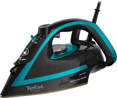 Tefal FV8066 Puregliss Steam Iron | 280 g/min Steam Boost | Vertical Steam | XL Water Filling Opening | Stable Rest | Anti-Scale System | Drip Stop | Auto Shut-Off | Black/Turquoise Black / Turquoise