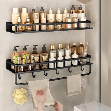Поличка для душу Devesanter без свердління, 2 шт., 60 см, органайзер для шампуню та мила з тримачем для рушників та 6 гачками, для ванної кімнати, спальні, кухні, чорний
