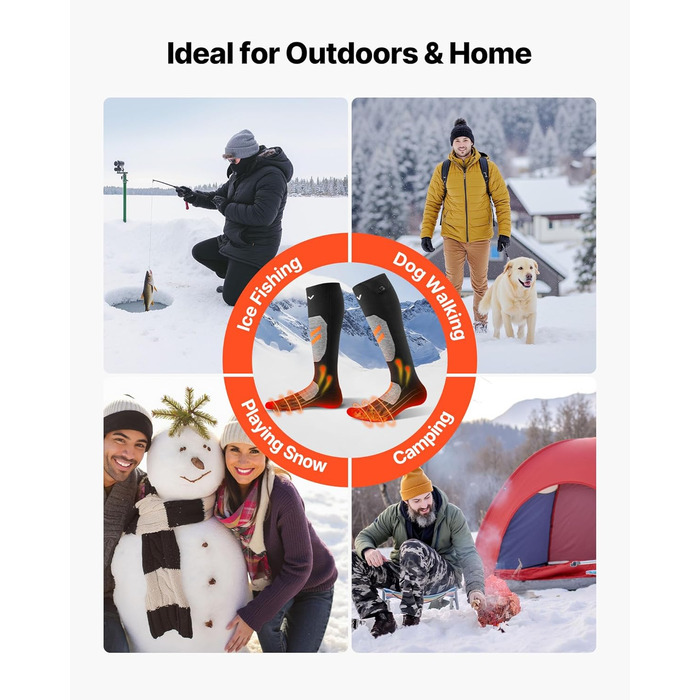 Електричні гріючі шкарпетки VEVOR з акумулятором 5000 mAh, 4 режими нагріву, керування через додаток, для чоловіків та жінок, середній розмір, підходять для полювання, їзди на конях, кемпінгу, походів