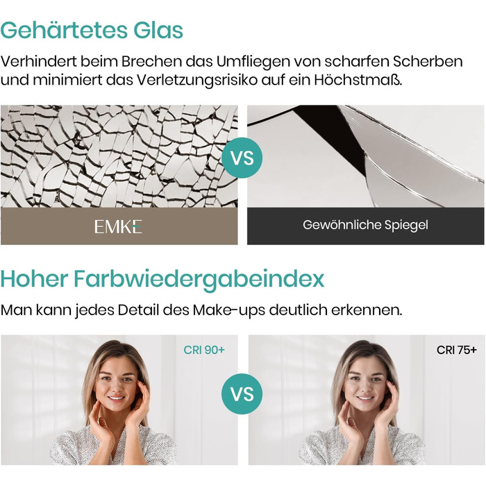 Дзеркало для ванної кімнати EMKE® з підсвічуванням 80x60 см, тепле біле світло 3000K, вимикач, вертикальна/горизонтальна установка, IP44, енергозберігаюче