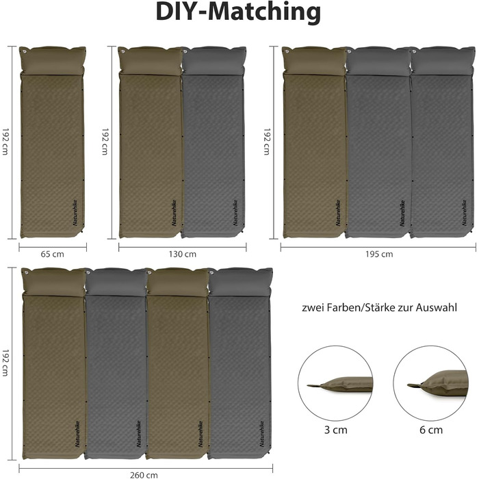 Каремат Naturehike самонадувний з подушкою, комбінований двомісний, ультралегкий, 3 см, армійний зелений, для кемпінгу та подорожей