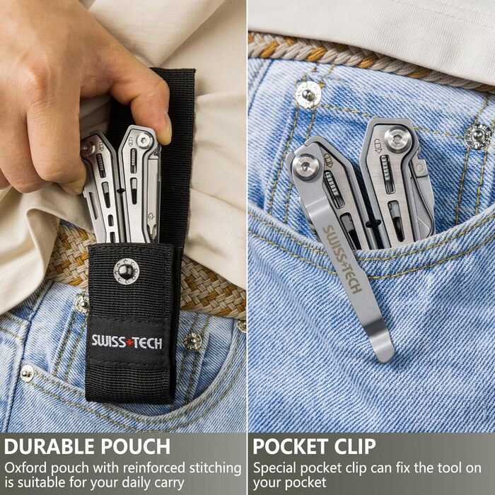 Мультитул Swiss+Tech 16 в 1: мультифункціональний інструмент з нержавіючої сталі з ножем, відкривачкою та кліпсою для ременя. Ідеально для кемпінгу та ремонту. З чохлом (Срібний)