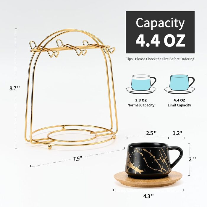 Набір кавових чашок з блюдцями LUKA, 6 шт., 118 мл, порцеляна, для еспресо, лате, кави, мокко, чаю, смугастий дизайн, білий та чорний колір