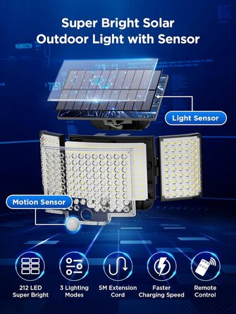 Сонячні ліхтарі для вулиці з датчиком руху, 212 LED, 3 режими, водонепроникні IP65, настінні LED прожектори для саду, комплект 2 шт. (холодне/тепле світло)
