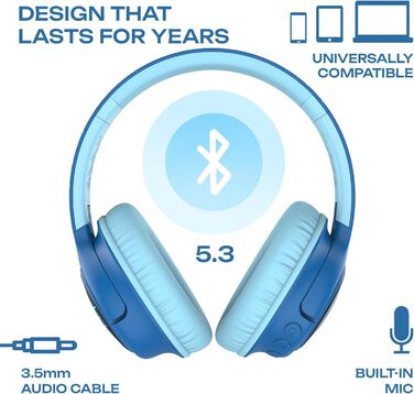 Дитячі навушники PowerLocus Bobo Bluetooth з обмеженням гучності, LED-підсвічуванням, складні, з мікрофоном для телефону/планшета/подорожей (блакитний/чорний)