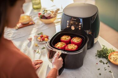 Philips Airfryer XXL with Rapid Air Technology - Hot Air Fryer with 7.3L Capacity, 90% Less Fat, Smart Sensing for Perfect Results, QuickClean, Recipe App, Black/Copper (HD9867/90)