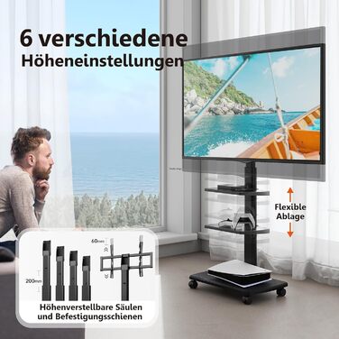 FITUEYES Rolling TV Stand with 3 Shelves - Adjustable Height & Swivel - Fits 32-70 Inch TVs (up to 40kg) - VESA 400x600 - White/Black