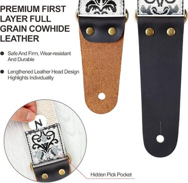 Гітарний ремінь Vintage з вишивкою з бавовни з кінцями з натуральної шкіри для бас-гітари, електро- та акустичної гітари, з безкоштовними кнопками для ремінця, 1 пара замків для ремінця та 4 медіатори D# - Біла квітка