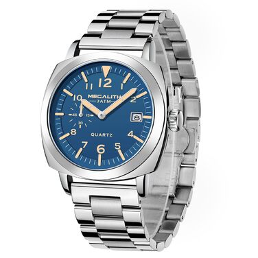MEGALITH Годинник чоловічий Military, спортивний, Outdoor, водонепроникний з шкіряним ремінцем, сталевий корпус, велике циферблат, свідовий календар, аналоговий кварцовий годинник для чоловіків, дизайн (A-1 Срібло/Блакитний)