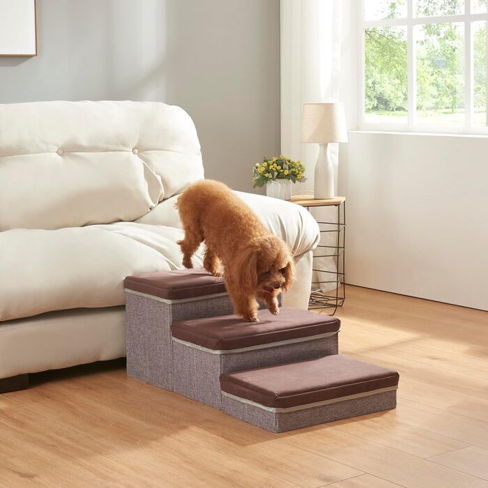 Сходинка для собак en.casa Vojens: 3-ступенева пандус для маленьких собак, котів, для ліжка та дивану, складна, 30 см висота, 75 x 40 x 30 см, коричневий/сірий