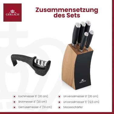 Набір кухонних ножів Gerlach Deco Black з точильним каменем (5 шт.) в блоці з бука та нержавіючої сталі