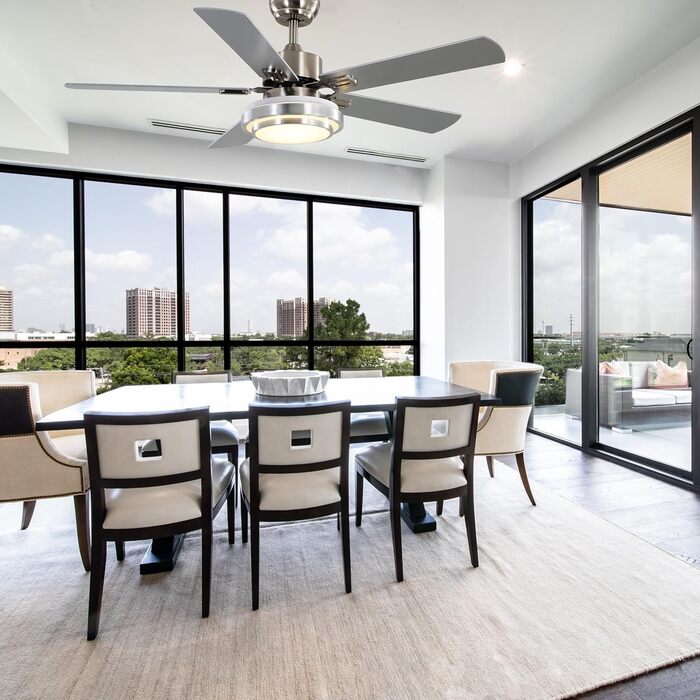 Вентилятор стельовий FINXIN з LED-лампою 132/122 см для спальні, вітальні, їдальні. 5 лопатей, Brushed Nickel, з пультом керування