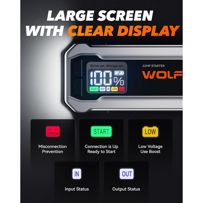 Powerbank WOLFBOX для запуску авто: 12V, 3000A, LED-ліхтар, для SUV, LKW, мотоциклів