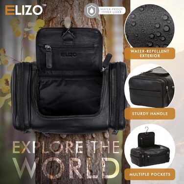 Чоловіча дорожня косметичка ELIZO Dopp Kulturtasche з натуральної шкіри, велика, для підвішування, з TSA-замком, чорна, дизайн Espresso (L)