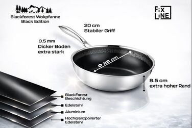FIXLINE® Сковорода Black Forest 28 см з антипригарним покриттям без PTFE, сумісна з усіма типами плит (включаючи індукцію), можна використовувати в духовці до 230°C, легко миється, ідеальна ідея для подарунка