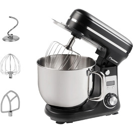 Кухонна машина Bestron Super Silent (65db) з DC-двигуном, 6 літрів, з набором насадок (крюк, вінчик, гак для тіста), 6 швидкостей + Pulse, матова чорна