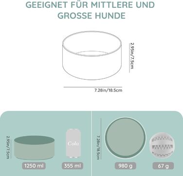 Керамічна миска для собак та котів SPUNKYJUNKY, 1250 мл, світло-зелена