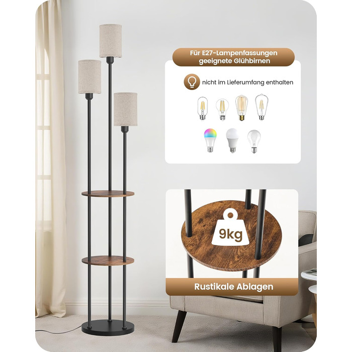 Стельова лампа для вітальні з поличкою, 3-хламкова, вінтажний стиль, бохо, з дерева, з вимикачем на ніжці, E27, ретро, коричнево-бежева ZEF53LDD05