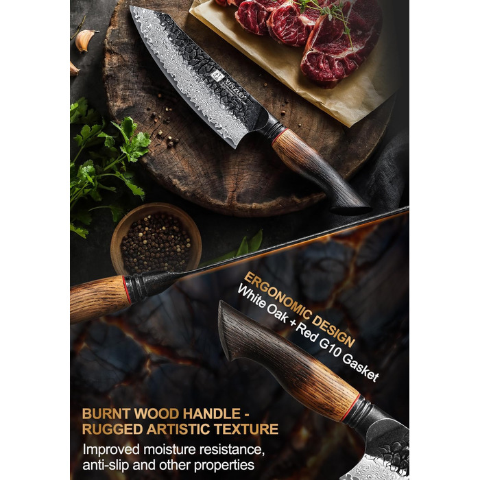 Ніж Сантоку XINZUO Damaststahl 19,3 см - професійний кухонний ніж з дамаської сталі, серія Mo, ергономічна ручка з білого дуба