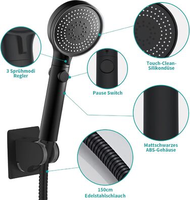 MIAOHUI Black Shower Head Water Pressure Booster, Handheld Shower with 3 Spray Patterns, Water-Saving High-Pressure Shower Head with Water Stop Function, Shower with Hose and Teflon Tape
