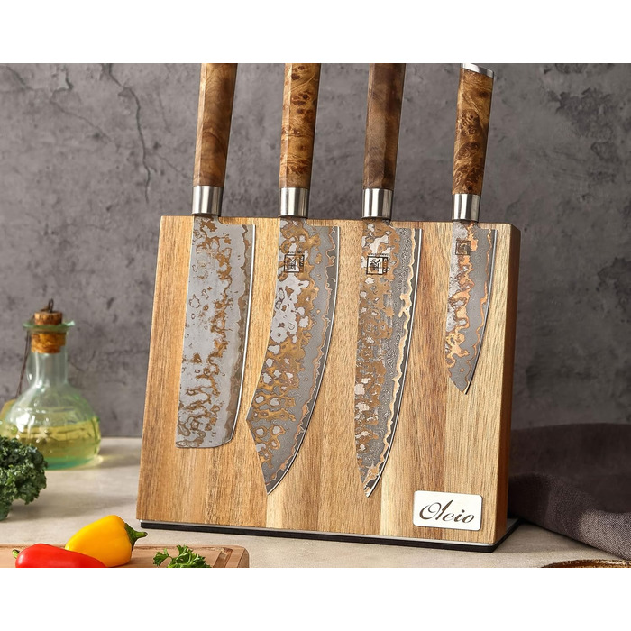Magnetic knife block made of solid acacia wood, 3.80 cm thick, with a stainless steel base, magnetic knife holder for up to 6 knives, wooden knife storage, kitchen knife block without knives
