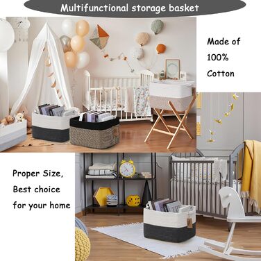 Woven cotton rope basket with handles for shelves, toys, books, fabric storage baskets for organizing, 34 x 28 x 24 cm, decorative storage basket for living room, bathroom