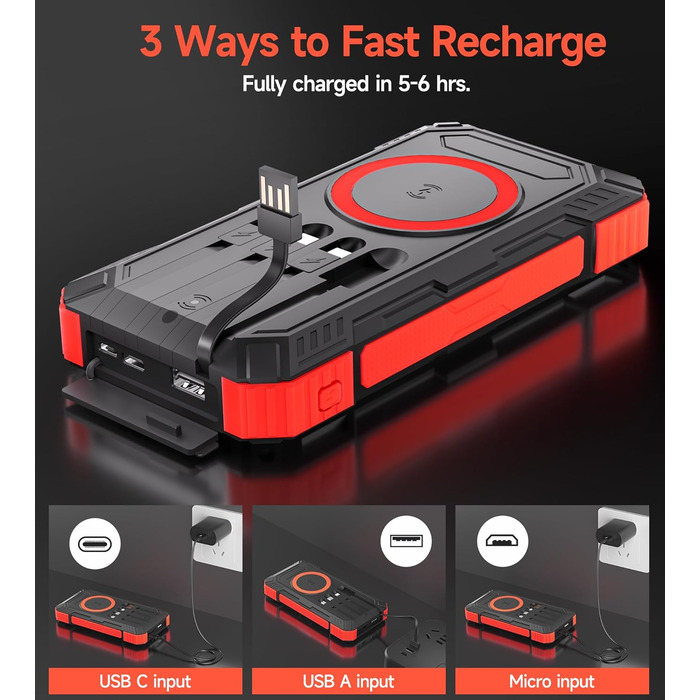 Power Bank 50000mAh з кабелем, портативний акумулятор для телефону з LED-дисплеєм, швидка зарядка USB-C PD 20W та QC 22.5W, 2 входи/5 виходів, для планшетів, телефонів, подорожей, кемпінгу (Помаранчевий)