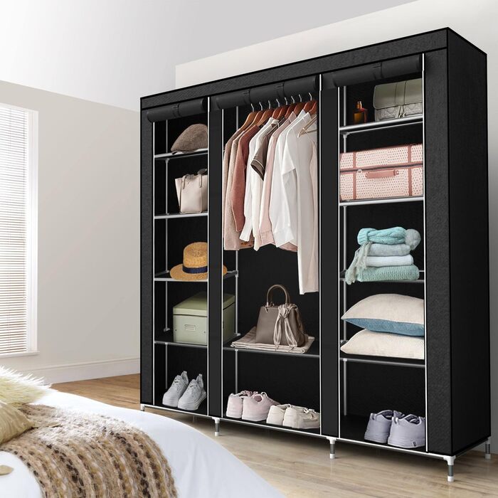 INTIRILIFE Folding Wardrobe 150x175x45 cm in Raven BLACK - with Zipper Fabric Wardrobe, Clothes Rack, Compartments and Side Pocket - Camping Pop-up Wardrobe Textile Clothes Rack